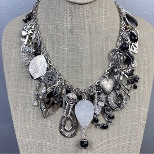Handmade Charm Junk Charm Necklace Silvertone Black Statement 18" to 21.5"